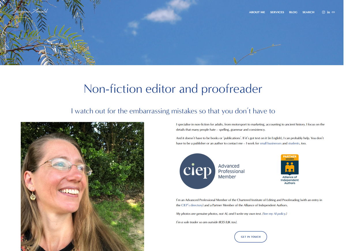 Screenshot of Suzanne Arnold, from the content editor & proofreader portfolios collection.