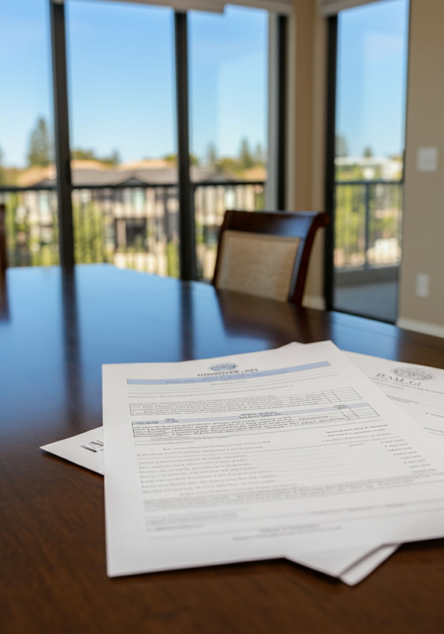 A detailed view of an HOA ledger showing outstanding dues that must be settled at closing, alongside a transfer fee schedule. The paperwork is placed on a dining table in a condominium with large windows showing a neighborhood view.