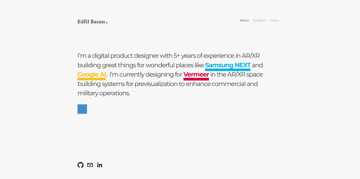 Screenshot of Edfil Basan, from the product designer portfolios collection.