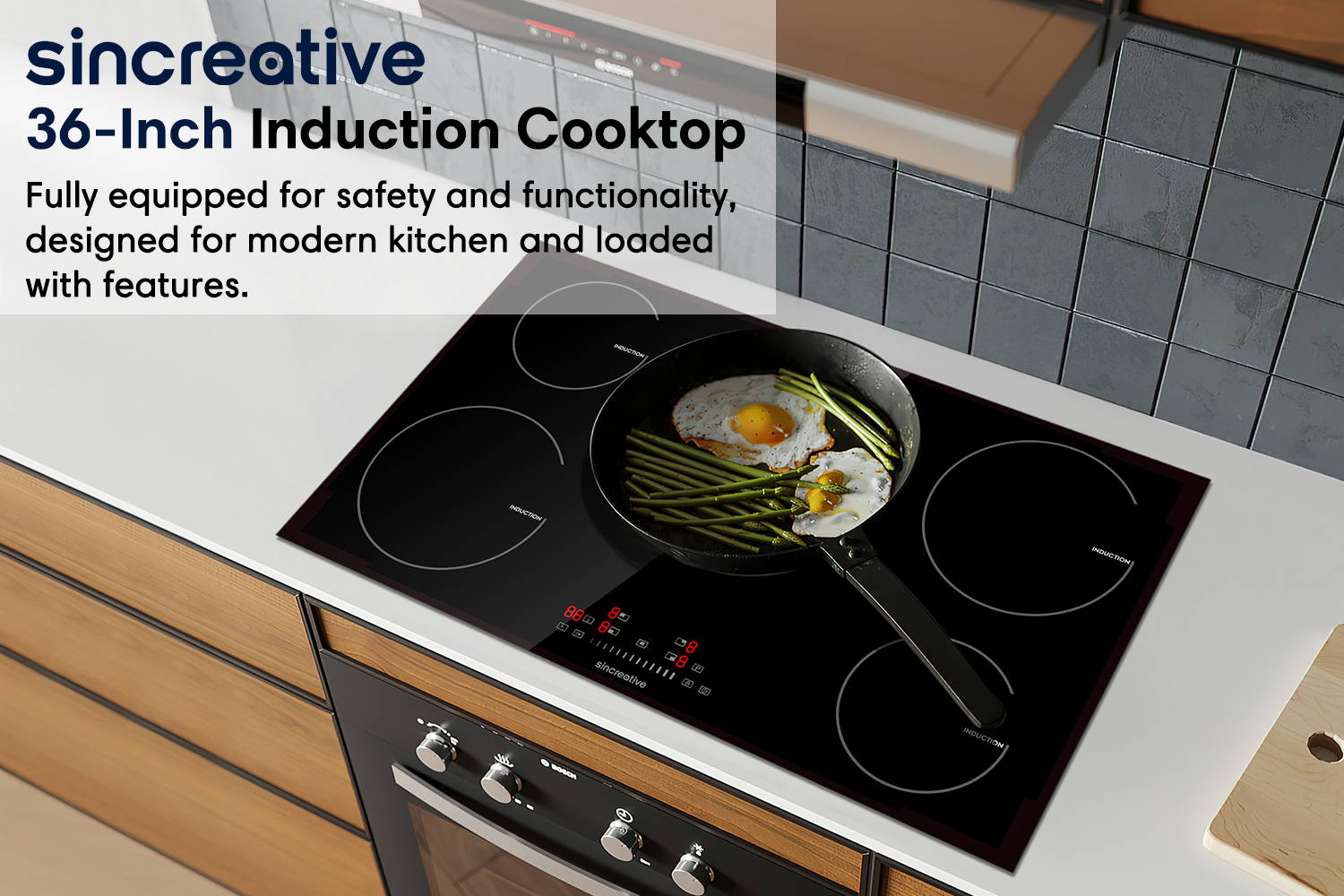 36-inch induction cooktop fully equipped for safety and functionality, designed for modern kitchen and loaded with features.