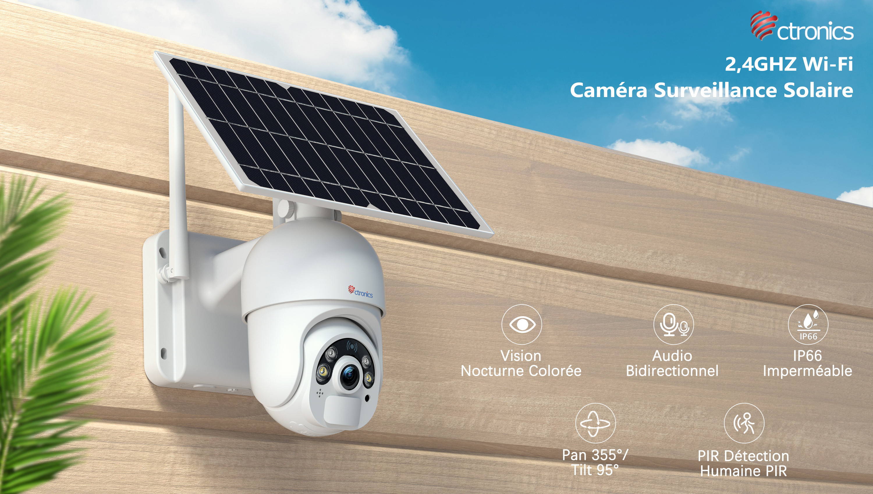 1080P Caméra Surveillance WiFi Extérieure avec Panneau Solaire sur Bat