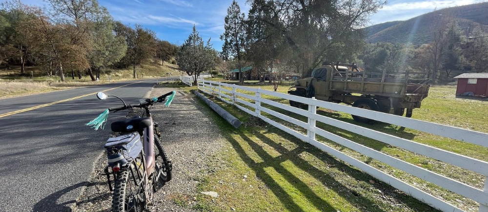 an aventon level electric bike on road in mariposa, california