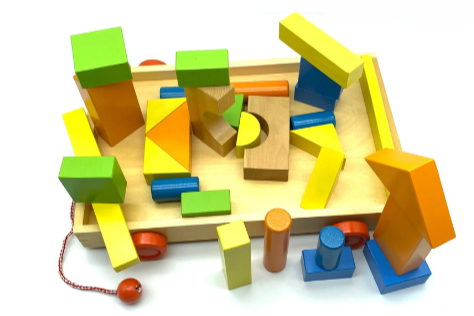 Wooden building puzzle blocks qty 33 in wood tray for toddlers with wheels and pull along handle - Image 2