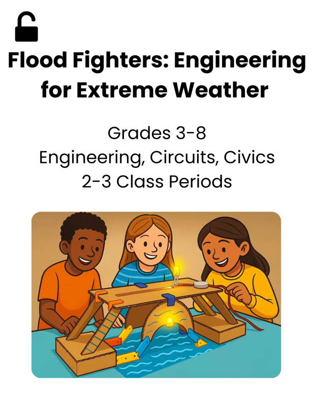 Image of three students building a flood-resistant bridge using a 3DuxDesign STEM kit, demonstrating a hands-on project-based learning activity focused on engineering, circuits, and extreme weather challenges. Ideal for grades 3–8 classrooms seeking real-world STEM education resources that build problem-solving, teamwork, and civic understanding.