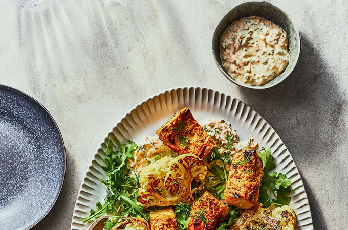 Piri Piri Tofu and Grilled Cauliflower with Dill Sauce