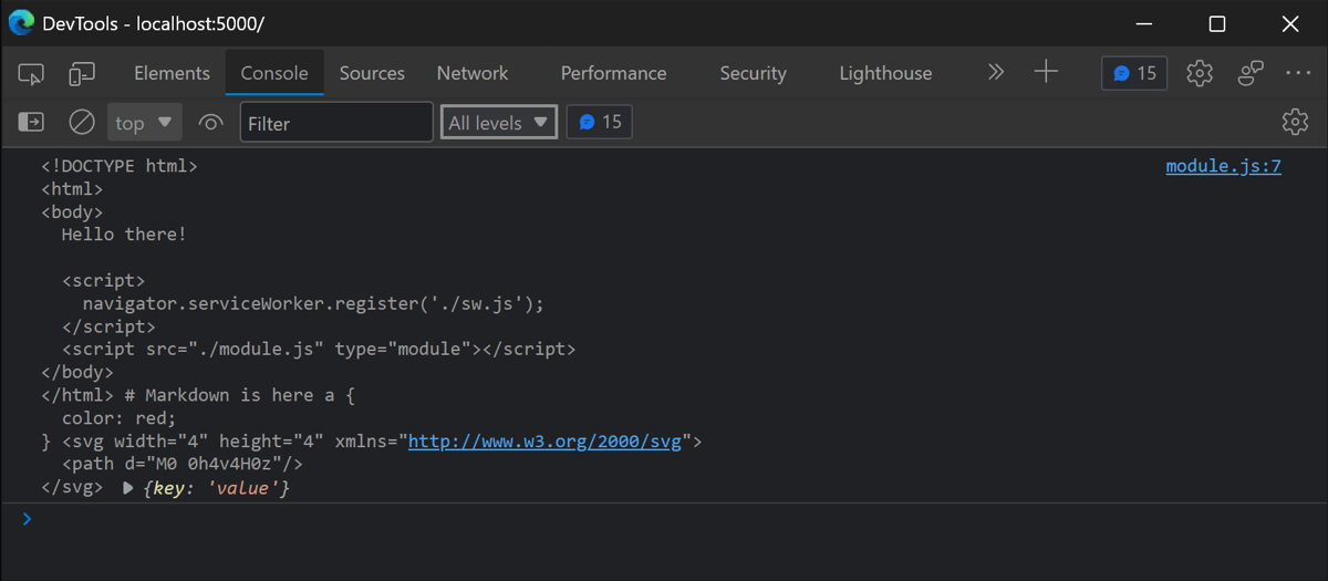 It works. Again. DevTools with the logged content of imported HTML, Markdown, CSS, SVG and JSON files