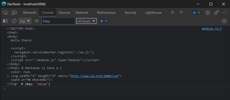 DevTools with the logged content of imported HTML, Markdown, CSS, SVG and JSON files