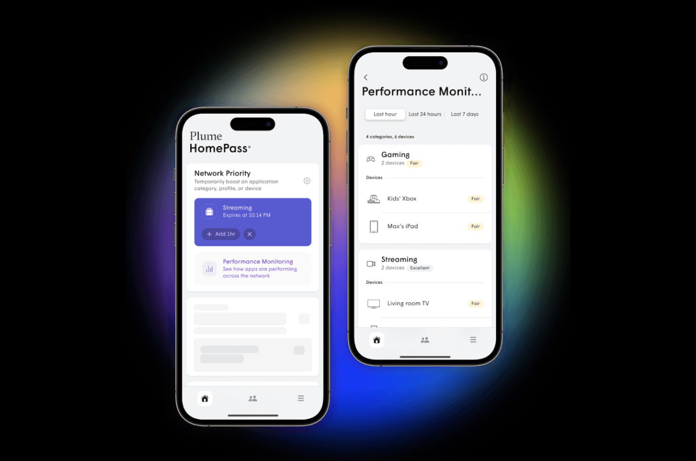app screens of network priority app on a rainbow gradient background