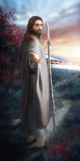 Jesus standing on a path, looking back with His hand extended.