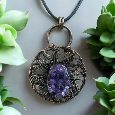 Amethyst Crystal Cluster Pendant - Includes Leather Band