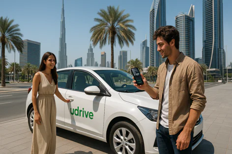 A man looks at his phone while a woman smiles and opens the door of a white udrive car in front of the Dubai skyline and Burj Khalifa.