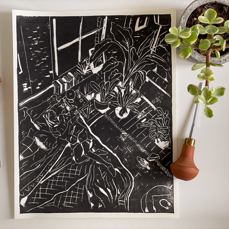 Lino print "Bedroom" - Reading amongst plants
