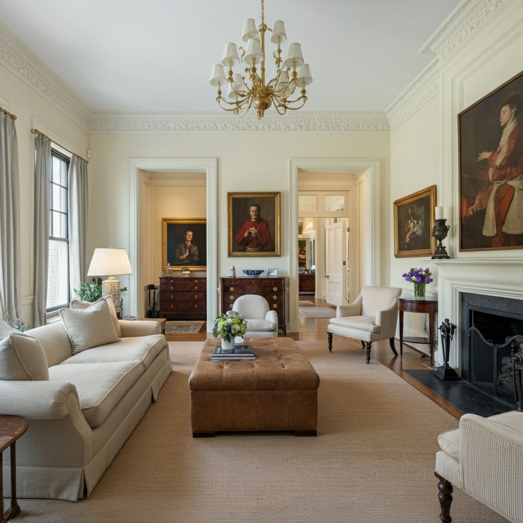 Professionally staged living room in a Gold Coast mansion featuring curated antiques, museum-quality art, and designer furniture arranged to highlight original architectural details. The space balances historic elegance with contemporary comfort through strategic lighting and a neutral color palette that appeals to affluent buyers.