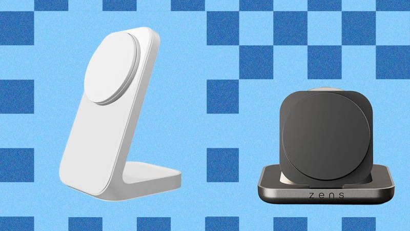 Two wireless chargers: a white angular upright one and a black square-shaped one