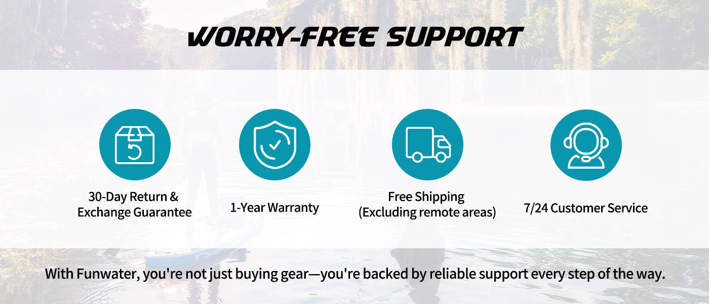 Funwater provide worry-free support, 30 days return and exchange guarantee, 1 year warranty, free shipping, customer service