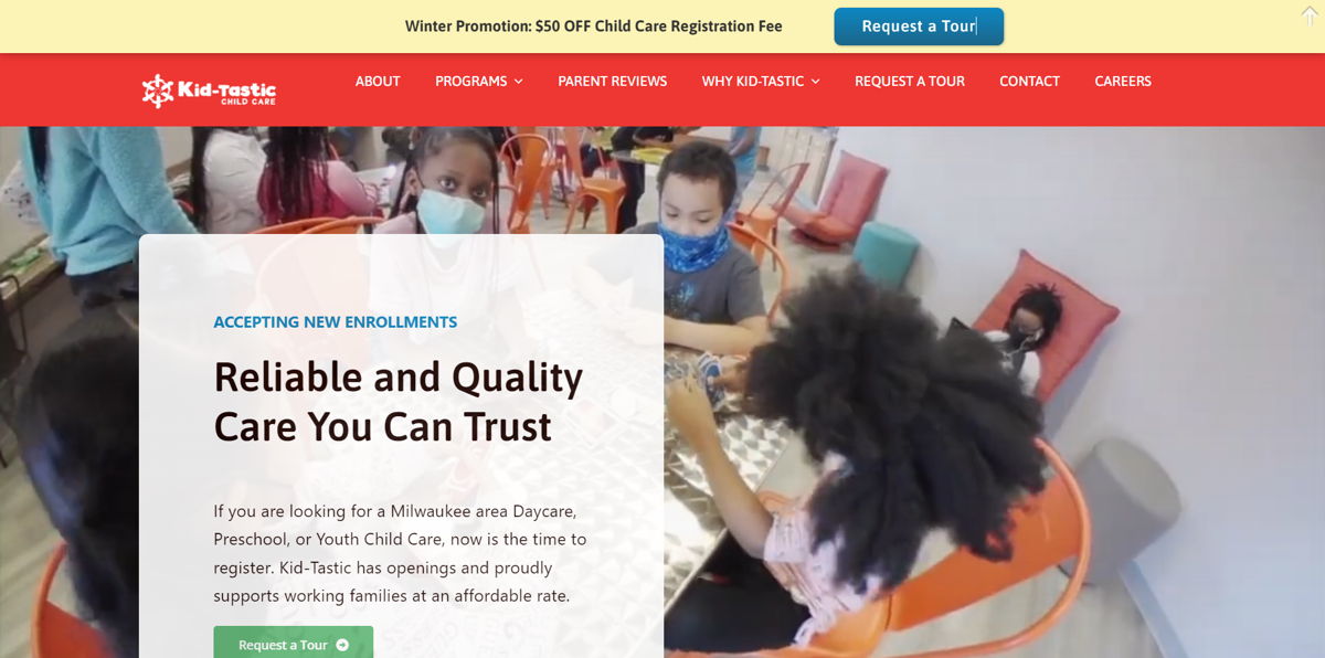 Screenshot of Kid-Tastic Child Care, from the childcare & daycare websites collection.
