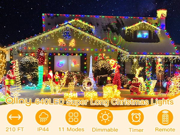 Features of Ollny's 640 leds clear cable warm white/multi-color string lights