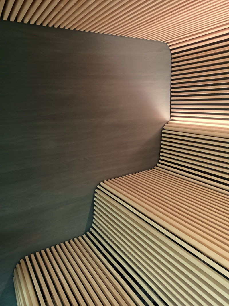 Spa Wellness Sauna Saunaliege Beleuchtung Lamellen Holz modern
