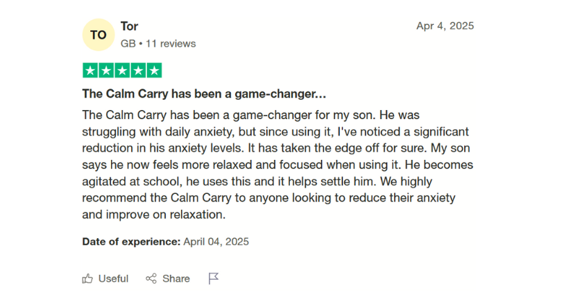 Five star customer review of CalmCarry from a parent
