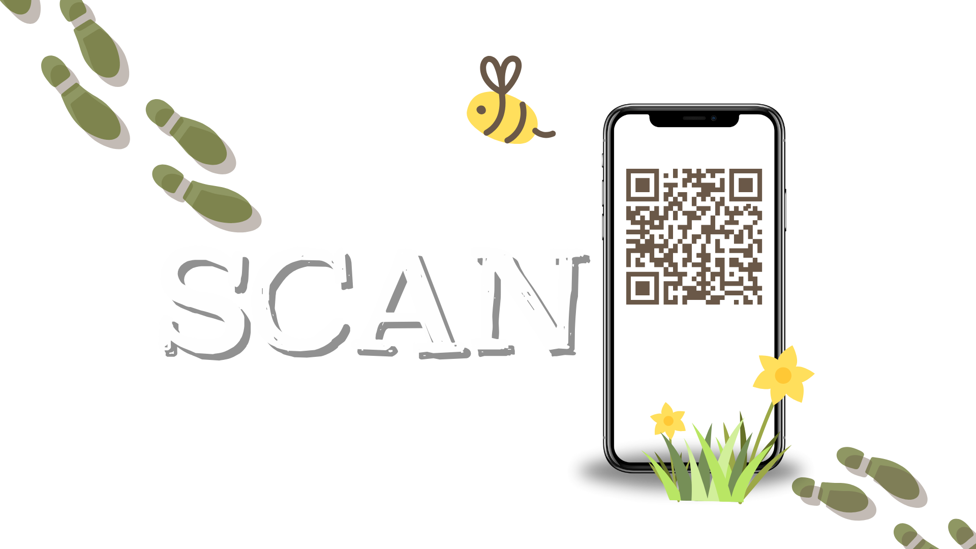 Mobile Phone scanning a QR code with a bumble bee and text reading SCAN and footprints in the mud
