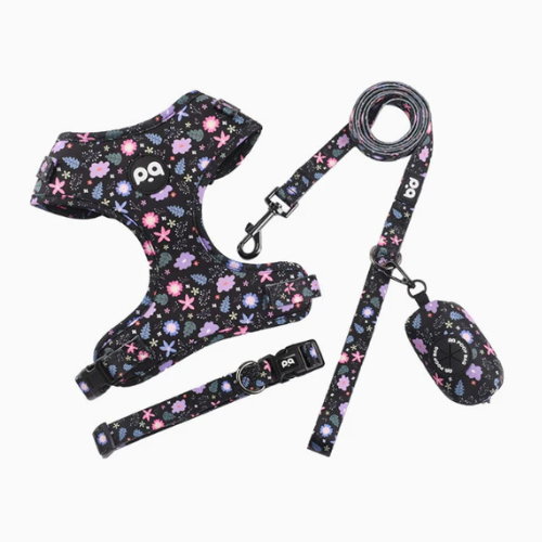 Crushed Black Adjustable Soft Pet Harness with Leash & Poop Bag Dispenser