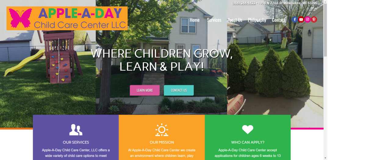 Screenshot of APPLE-A-DAY Child Care Center, from the childcare & daycare websites collection.