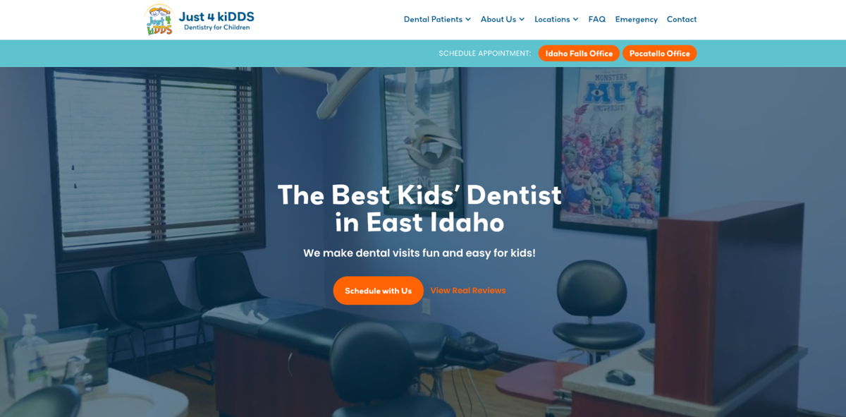 Screenshot of Just 4 kiDDS Dentistry, from the dentist websites collection.
