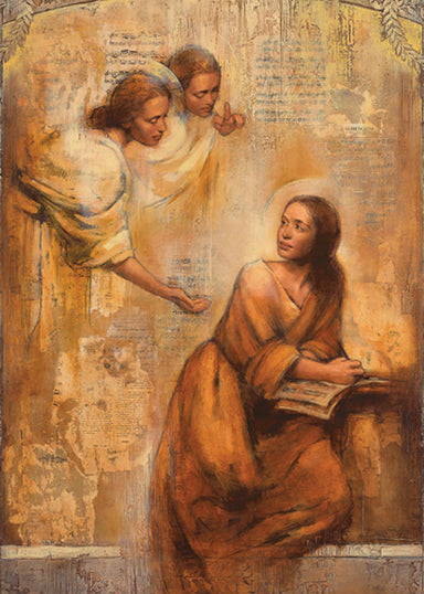 Two angels speaking to a young woman who is reading.