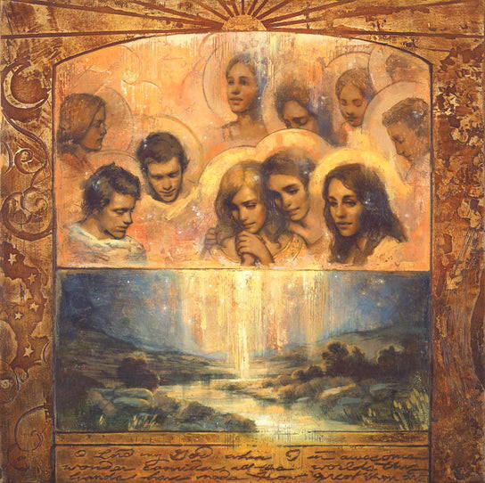 Painting of angels looking down on earth. 