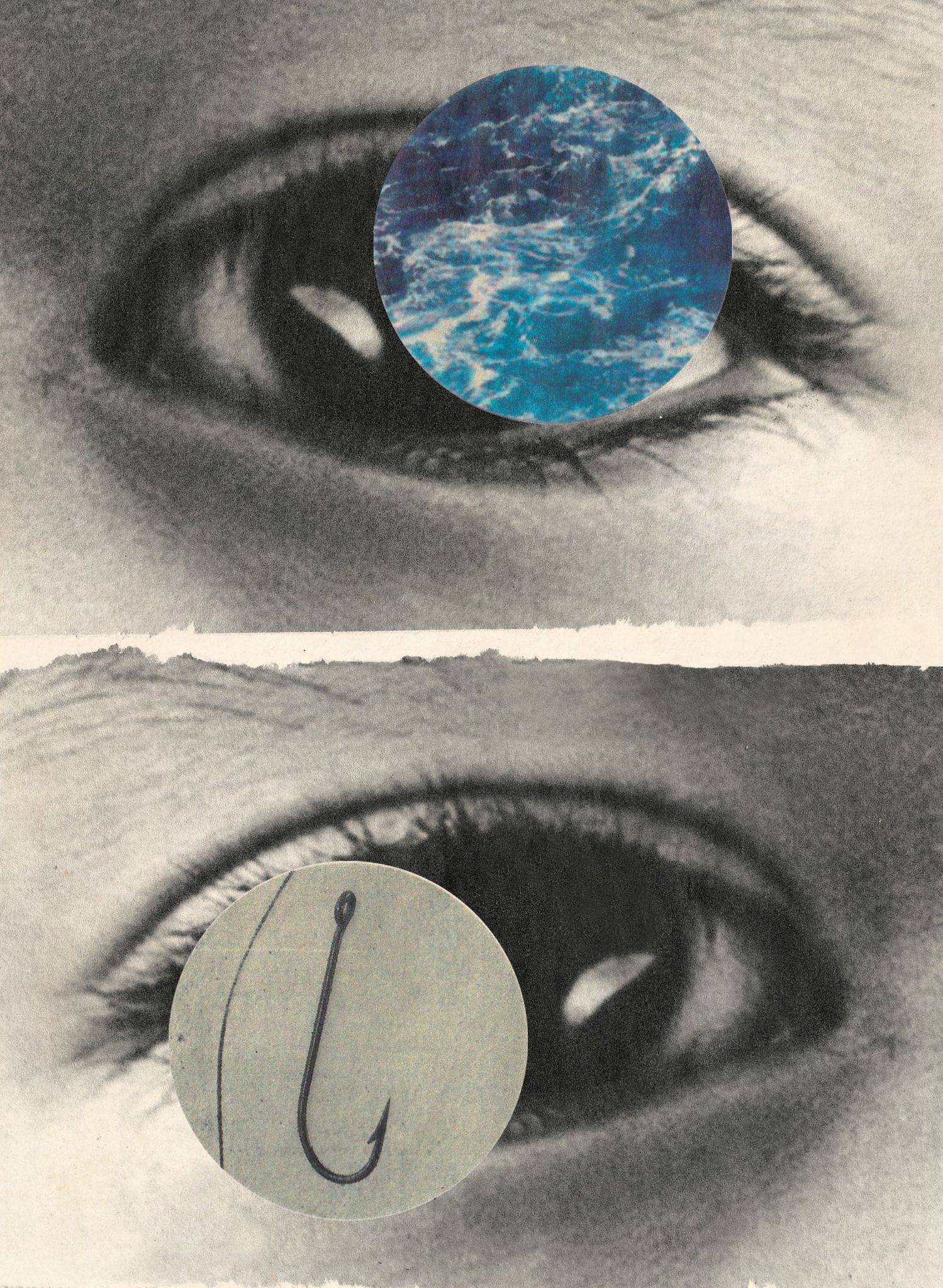 Black and white close-up photos of eyes with images of an ocean and a hook on top of them.