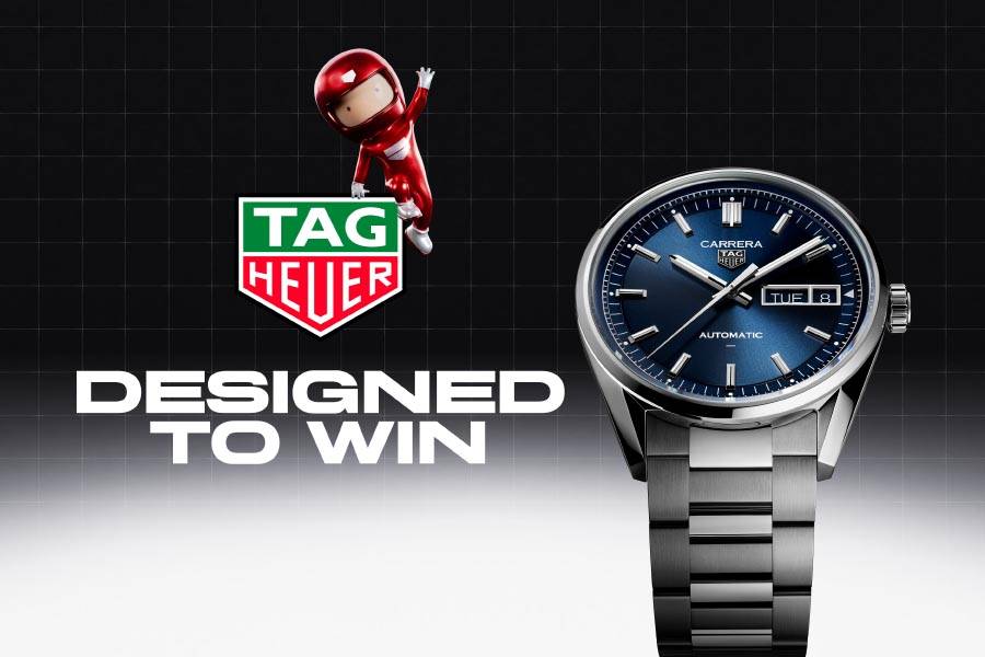 TAG Heuer - Designed to Win Banner Featuring Formula 1 Watch TAG Heuer - Designed to Win Banner Featuring a Carrera with a blue dial