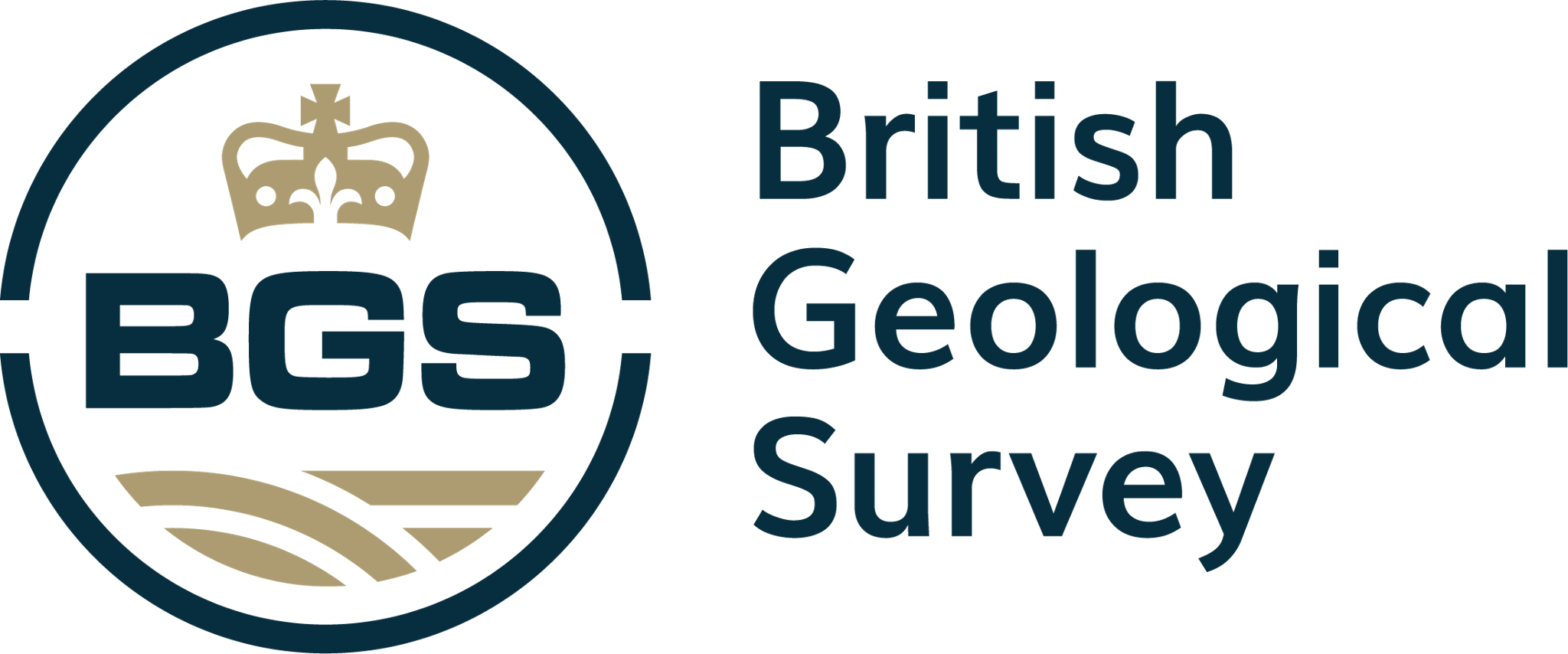 Logo of the British Geological Survey featuring the initials BGS inside a circle with a crown above. The text British Geological Survey is written to the right. The colors used are dark blue and gold.