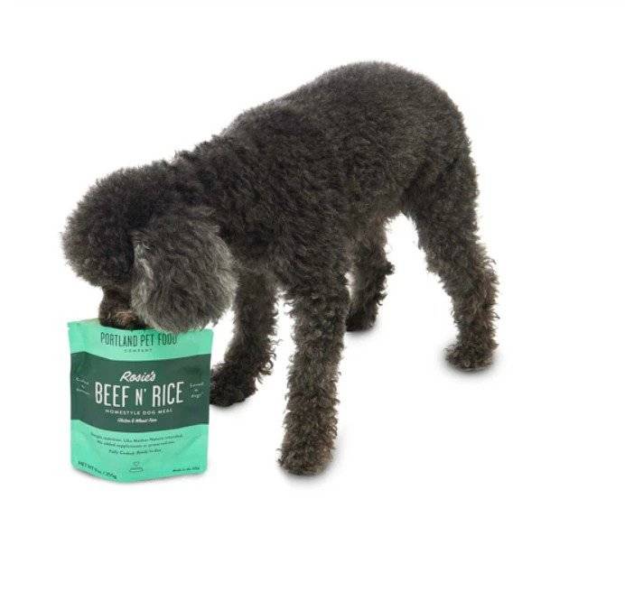 A picky, senior dog eating Rosie's Beef N' Rice Dog Food Topper straight from the pouch.