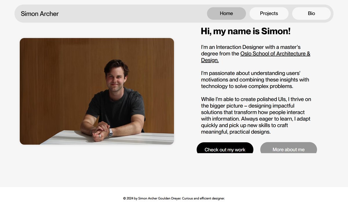 Screenshot of Simon's Portfolio, from the wix personal websites collection.
