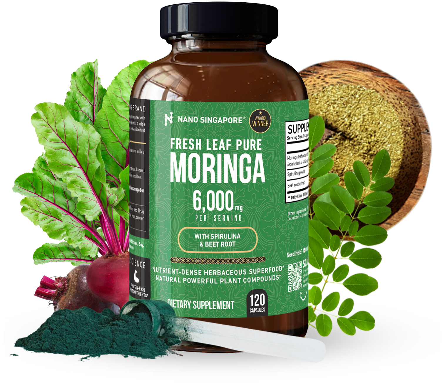 A bottle of our fresh leaf pure moringa capsules 6000 surrounded by various ingredients