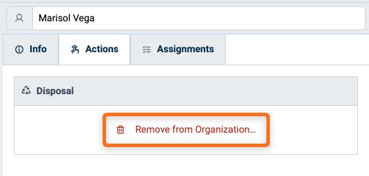 Remove from Organization button in the Disposal panel of a member's Actions tab