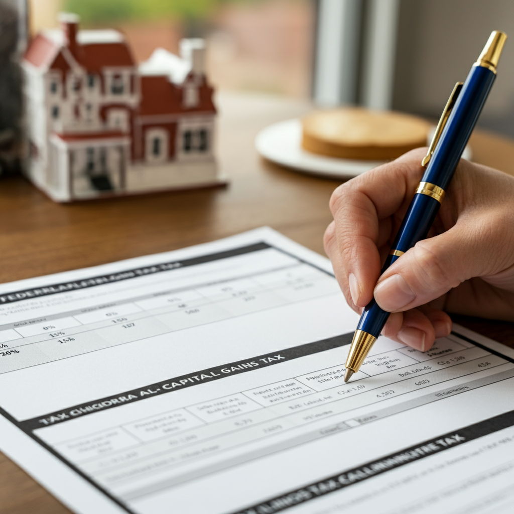 A Chicago suburban home sale closing scene showing two separate tax calculation worksheets side by side - one labeled Federal Capital Gains Tax showing tiered rates (0%, 15%, 20%) and another labeled Illinois State Tax showing the flat 4.95% rate applied to the same gain amount.