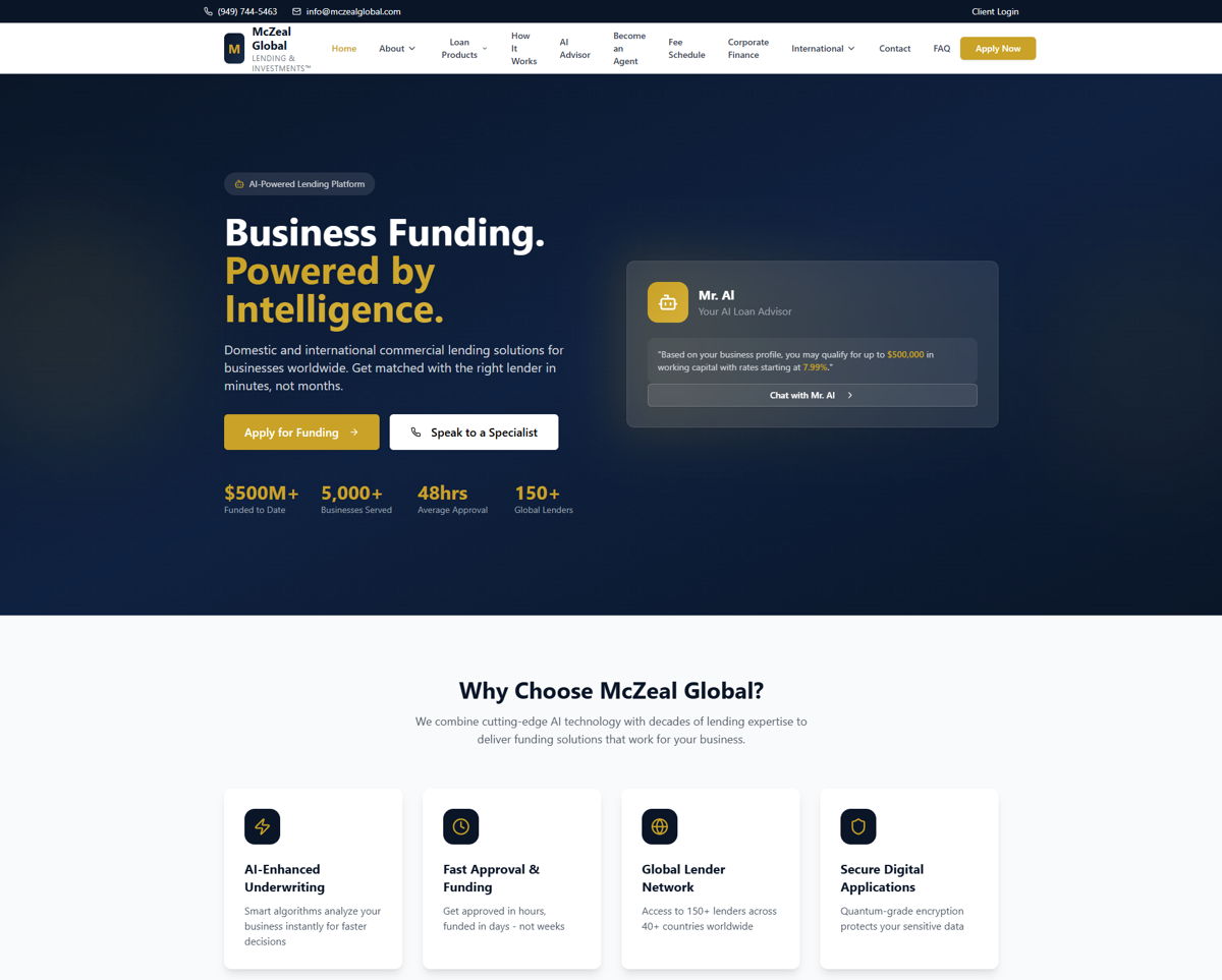 Screenshot of McZeal Global Lending & Investments, from the base44 websites collection.