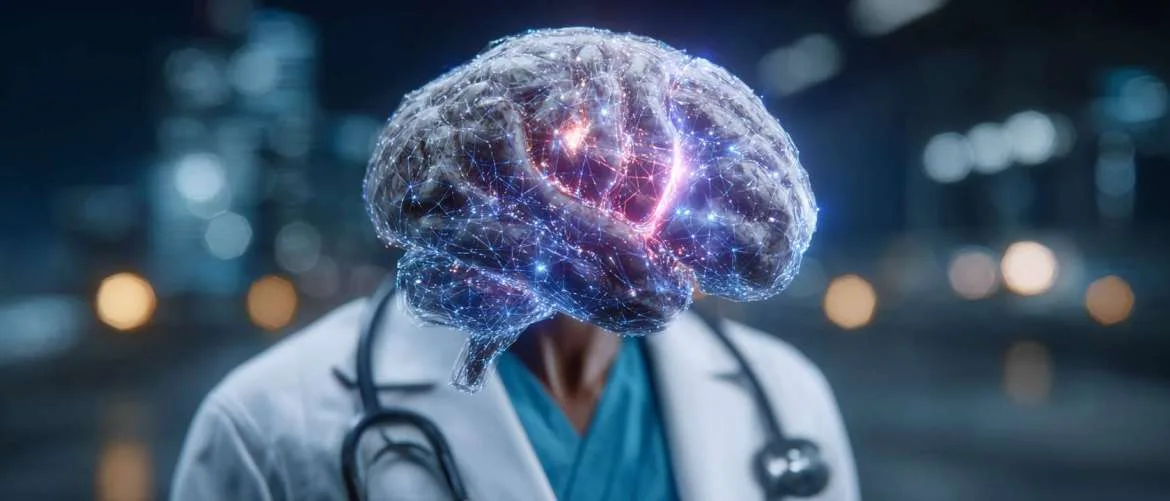 Doctors and AI working together in a futuristic hospital setting