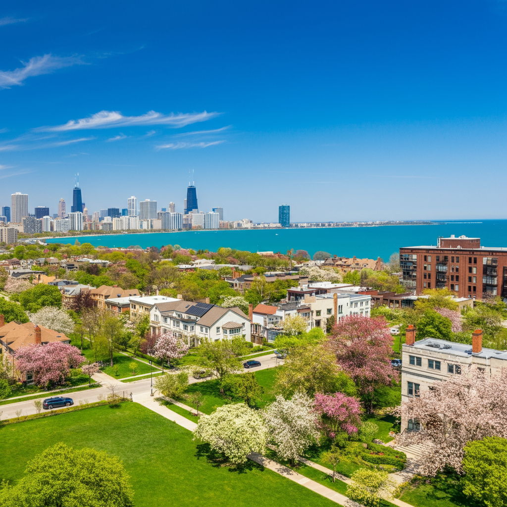 Aerial view of Lincoln Park in spring bloom, with flowering trees lining the streets and luxury homes showcasing meticulously maintained gardens. The neighborhood's vibrant greenery contrasts with the blue lake and downtown skyline, illustrating the prime selling season when properties present their most appealing exterior aesthetics.