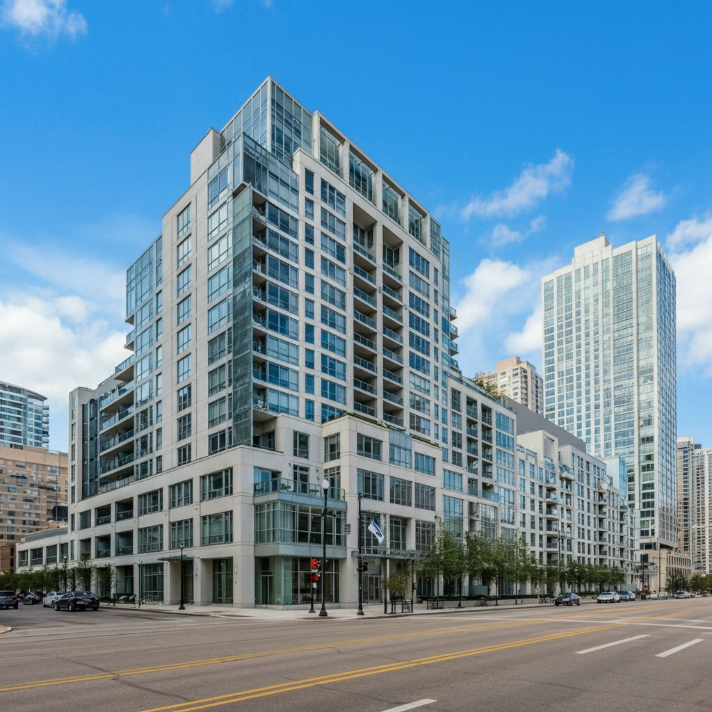 A luxury high-rise condominium in Streeterville with modern architecture and extensive amenities. This type of property typically commands higher purchase prices ($800,000+) and substantial HOA fees ($1,000+ monthly) but offers comprehensive services including doorman, pool, fitness center, and concierge.