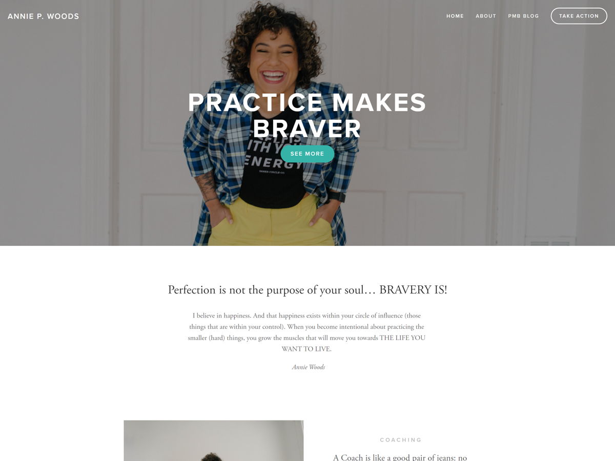 Screenshot of Annie P Woods, from the squarespace coaching websites collection.