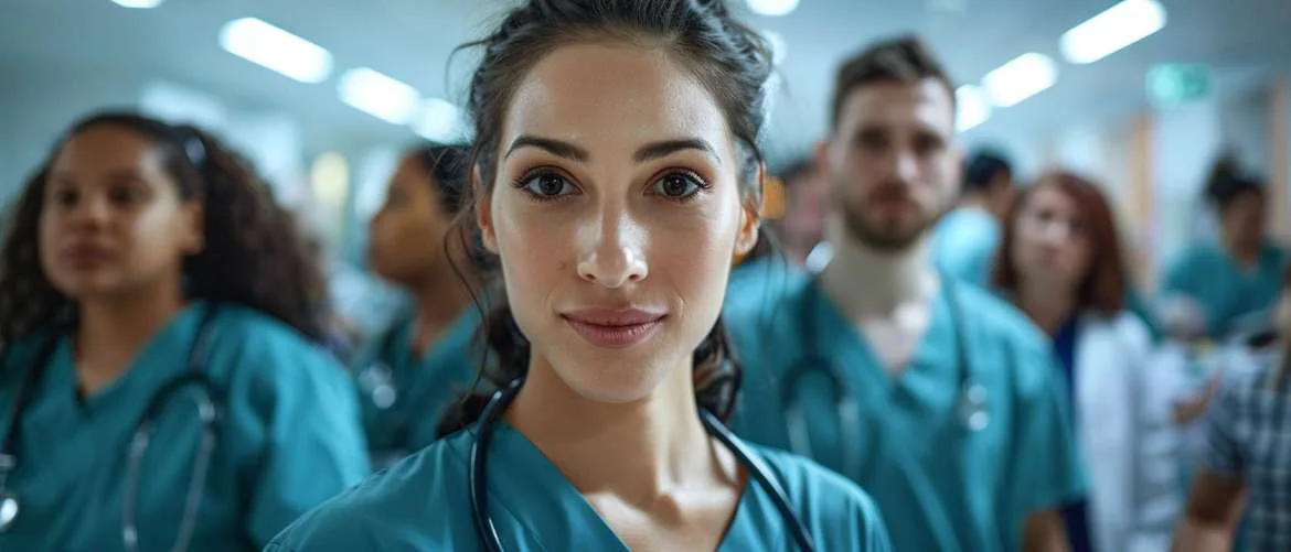 Healthcare workers with faces of resilience during pandemic response