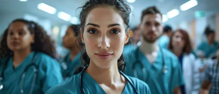 Healthcare workers with faces of resilience during pandemic response