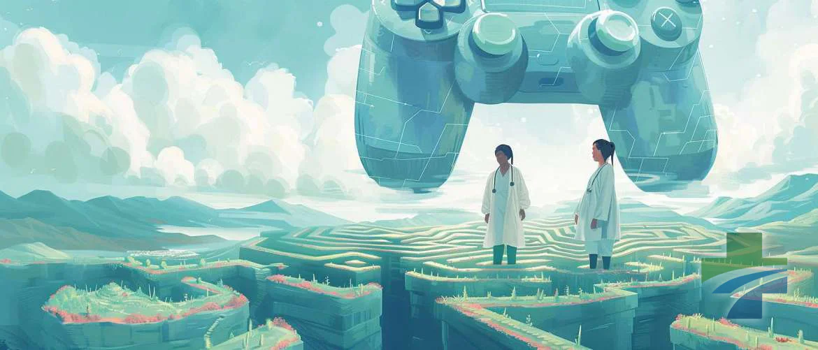Surreal landscape with nurses navigating a geometric labyrinth under a guiding game controller.