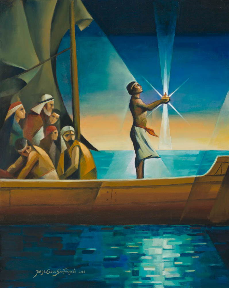 Nephi's family looks on as he holds the liahona. It glows, guding their boat.