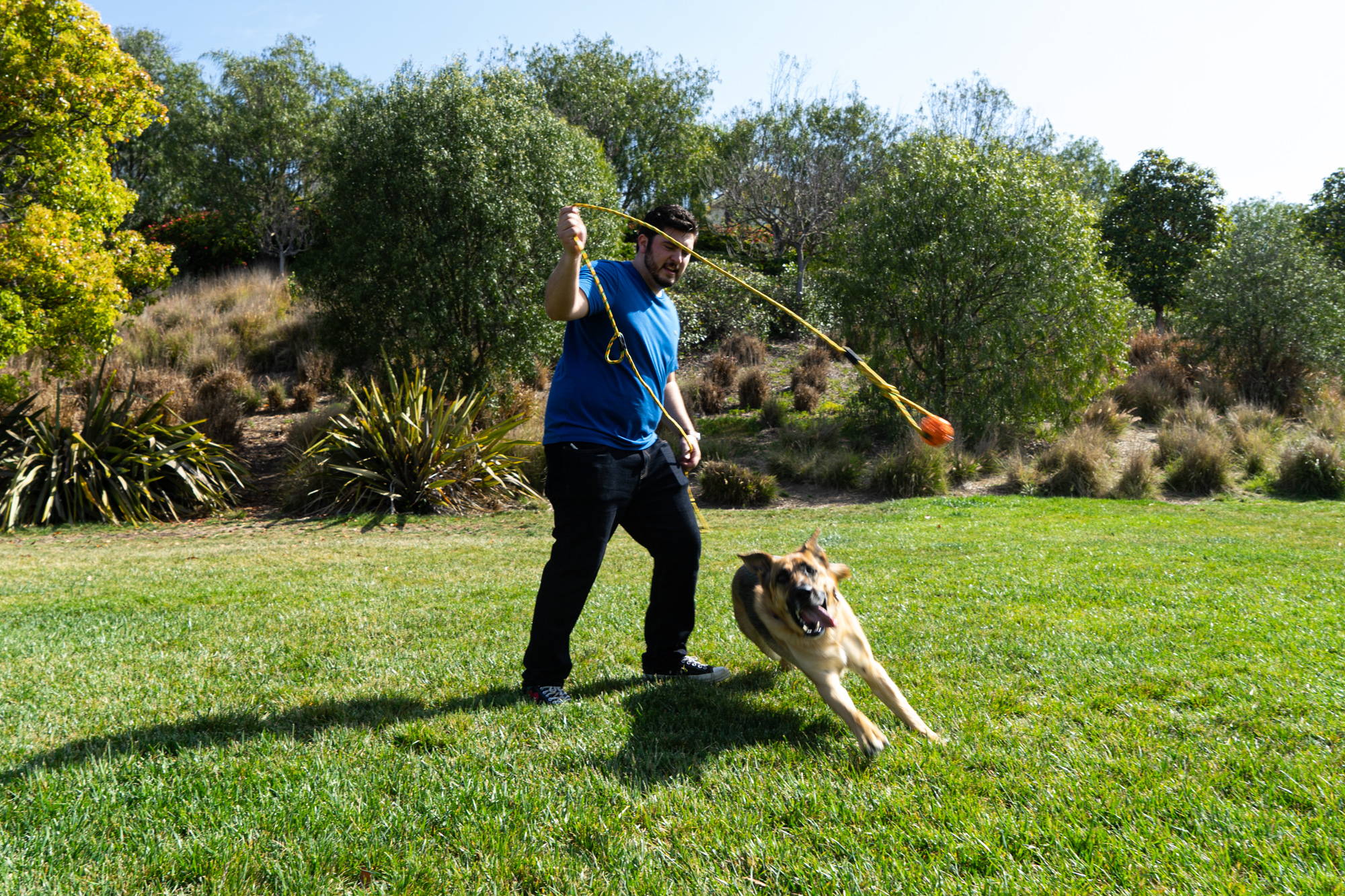 Man playing with dog outdoors