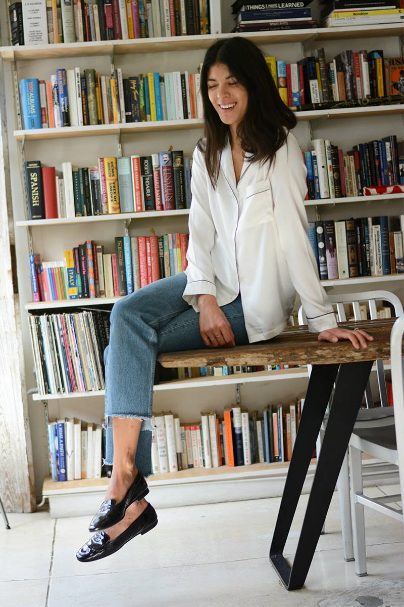 Neada Jane in YOLKE's White Silk Button Down