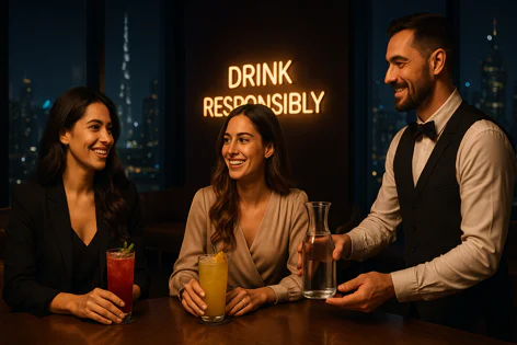 Two women smile and chat at a bar, receiving drinks from a bartender. A neon sign reads 'Drink Responsibly' above them, with a city skyline visible at night.