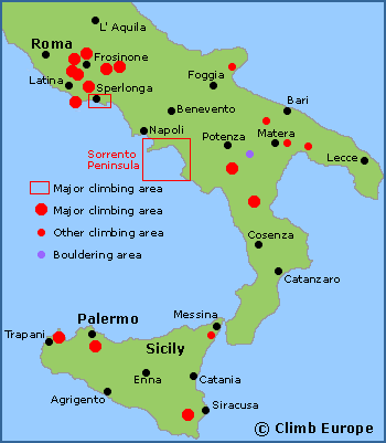 Map of the main rock climbing areas in Southern Italy